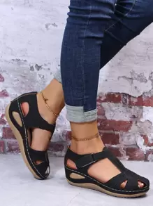 Sandalias cuña minimalista con abertura tira tobillera - Negro - Ver 1