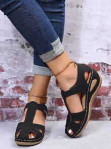 Sandalias cuña minimalista con abertura tira tobillera - Negro - Ver 2