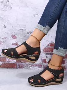 Sandalias cuña minimalista con abertura tira tobillera - Negro - Ver 3