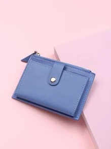 Minimalist Snap Button Card Holder Women's Short Wallet, Solid Colour PU Mini Coin Purse, Cute Credit Card - Blue - View 4