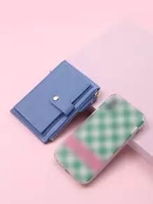 Minimalist Snap Button Card Holder Women's Short Wallet, Solid Colour PU Mini Coin Purse, Cute Credit Card - Blue - View 5