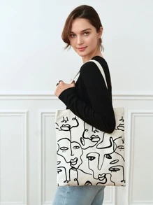 Bolso de compras con gráfico de figura, bolso escolar de gran capacidad, clásico y casual, plegable y portátil, adecuado para adolescentes, mujeres y estudiantes universitarias, perfecto para volver a la escuela, compras, escuela secundaria y universidad, bolso grande tipo tote, mejores ideas de inspiración para el otoño - Beis - Ver 3
