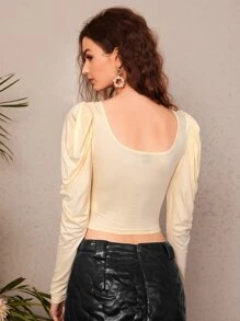 SHEIN Unity 大圓領羊腿袖T恤 - 米色 - 查看 2