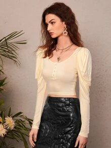 SHEIN Unity 大圓領羊腿袖T恤 - 米色 - 查看 4