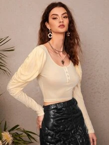 SHEIN Unity 大圓領羊腿袖T恤 - 米色 - 查看 5