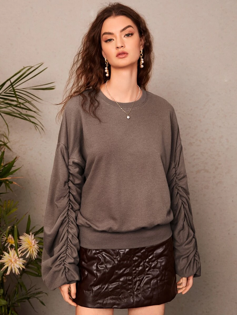 SHEIN Unity Sudadera de manga obispo fruncido - Marrón Mocha - Ver 1