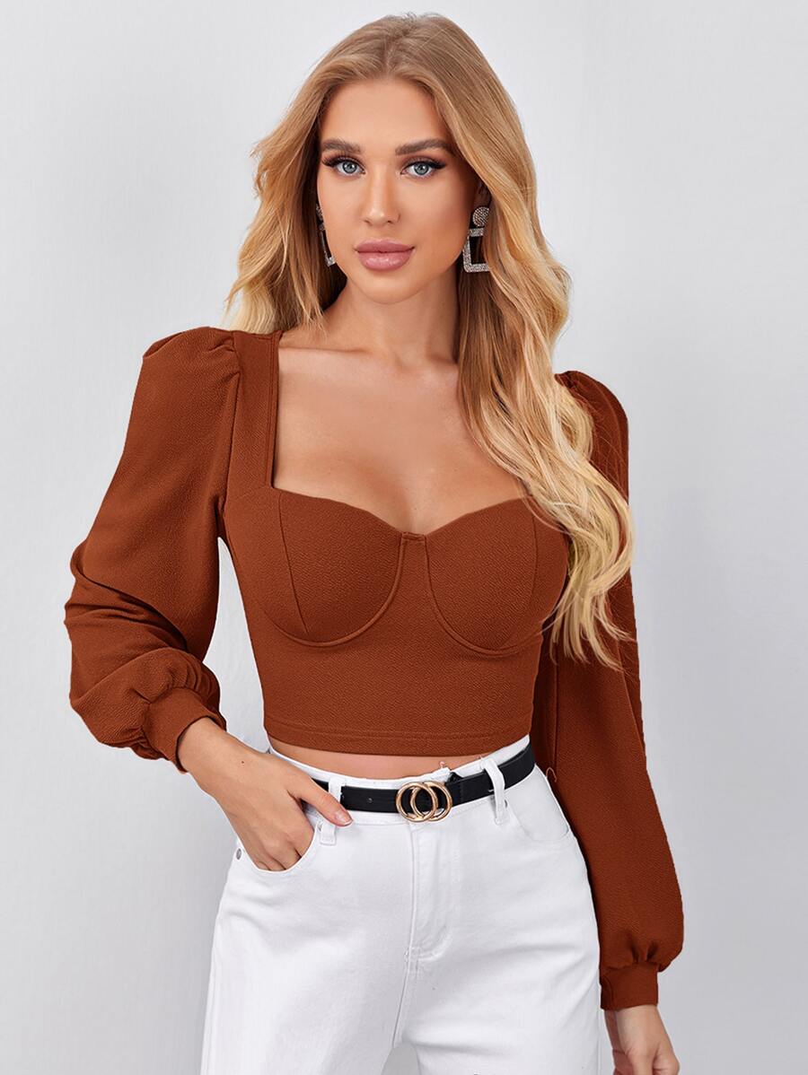 Firerie Sweetheart Neck Lantern Sleeve Crop Top - Rust Brown - View 1