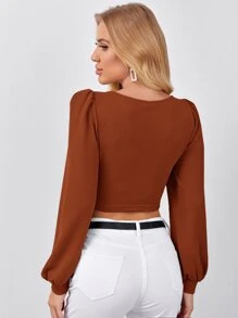 Firerie Sweetheart Neck Lantern Sleeve Crop Top - Rust Brown - View 2