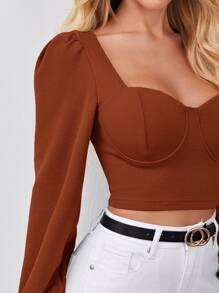 Firerie Sweetheart Neck Lantern Sleeve Crop Top - Rust Brown - View 3