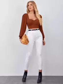 Firerie Sweetheart Neck Lantern Sleeve Crop Top - Rust Brown - View 4