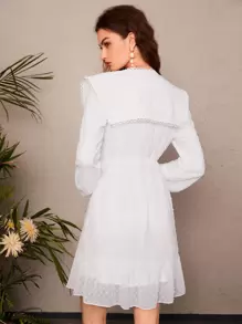 SHEIN VCAY 圓點前繫帶誇大領口燈籠袖荷葉邊連衣裙 - 白色 - 查看 2