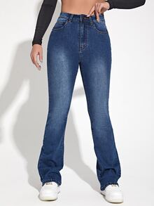 Jeans con lavado oscuro de cintura alta - Azul lavado oscuro - Ver 3