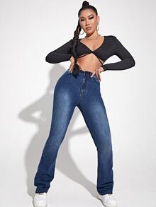 Jeans con lavado oscuro de cintura alta - Azul lavado oscuro - Ver 4