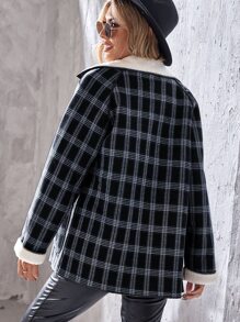 SHEIN Essnce 雙排釦絨毛內襯格紋花呢外套 - 彩色 - 查看 2