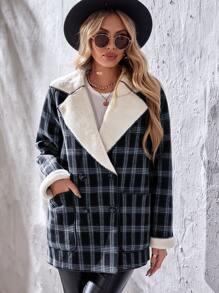 SHEIN Essnce 雙排釦絨毛內襯格紋花呢外套 - 彩色 - 查看 3