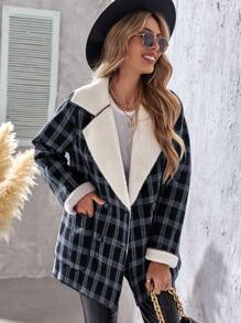 SHEIN Essnce 雙排釦絨毛內襯格紋花呢外套 - 彩色 - 查看 4