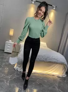 SHEIN Privé Áo nữ cườm đính Ngọc trai màu trơn Thanh lịch - Màu xanh Bạc hà - Xem 5