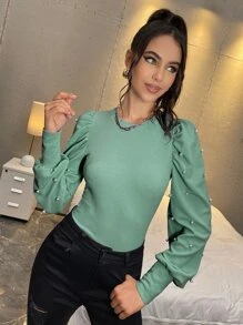 SHEIN Privé Áo nữ cườm đính Ngọc trai màu trơn Thanh lịch - Màu xanh Bạc hà - Xem 6