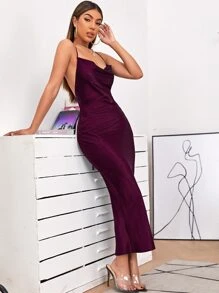 SHEIN BAE 後背十字交叉高開叉洋裝 - 紫紅色 - 查看 3