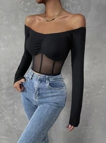 SHEIN Unity Áo nữ Tương phản Mesh Xù cắt Gân đan màu trơn Gợi cảm - màu đen - Xem 1