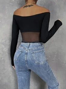 SHEIN Unity Áo nữ Tương phản Mesh Xù cắt Gân đan màu trơn Gợi cảm - màu đen - Xem 2