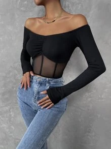 SHEIN Unity Áo nữ Tương phản Mesh Xù cắt Gân đan màu trơn Gợi cảm - màu đen - Xem 3