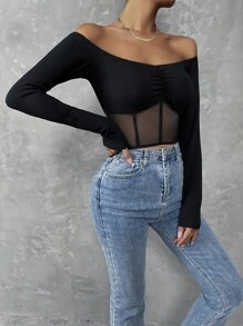 SHEIN Unity Áo nữ Tương phản Mesh Xù cắt Gân đan màu trơn Gợi cảm - màu đen - Xem 4