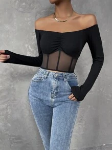 SHEIN Unity Áo nữ Tương phản Mesh Xù cắt Gân đan màu trơn Gợi cảm - màu đen - Xem 5