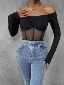 SHEIN Unity Áo nữ Tương phản Mesh Xù cắt Gân đan màu trơn Gợi cảm - màu đen - Xem 6