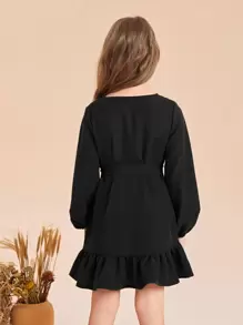 SHEIN 女孩燈籠袖荷葉邊繫腰帶洋裝