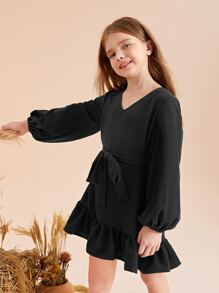 SHEIN 女孩燈籠袖荷葉邊繫腰帶洋裝