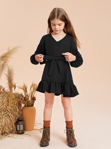 SHEIN 女孩燈籠袖荷葉邊繫腰帶洋裝