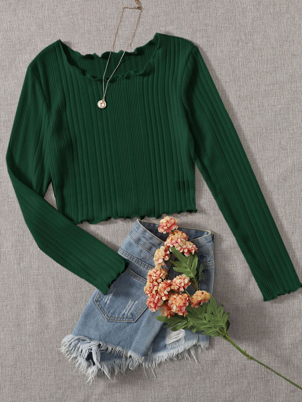 SHEIN EZwear Camiseta de punto acanalado con ribete de lechuga