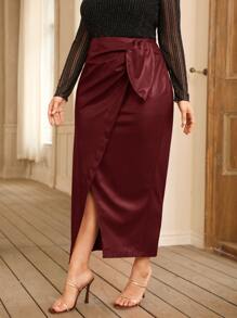 Modelyn Burgundy Red Plus Tie Front PU Leather Wrap Skirt - Burgundy - View 1
