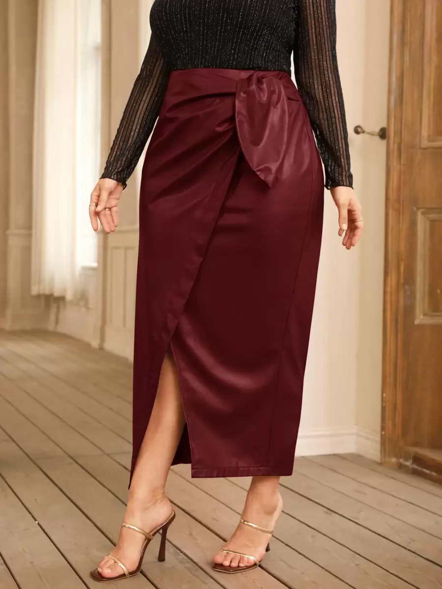 Modelyn Burgundy Red Plus Tie Front PU Leather Wrap Skirt - Burgundy - View 1
