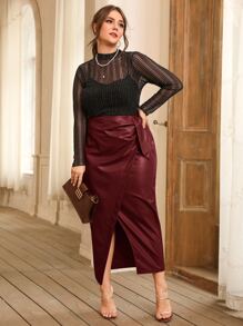 Modelyn Burgundy Red Plus Tie Front PU Leather Wrap Skirt - Burgundy - View 3
