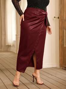 Modelyn Burgundy Red Plus Tie Front PU Leather Wrap Skirt - Burgundy - View 5