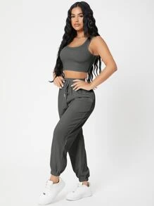 SHEIN PETITE Solid Crop Tank Top And Joggers Set - Dark Grey - View 3
