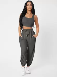 SHEIN PETITE Solid Crop Tank Top And Joggers Set - Dark Grey - View 4
