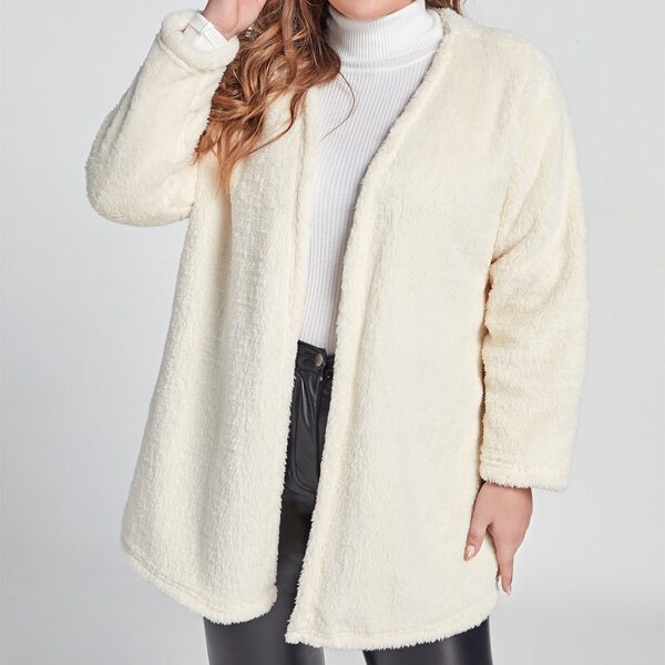 

Plus Solid Open Front Teddy Coat, White