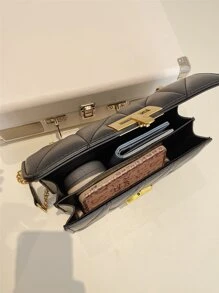 1pc Solid Color PU Shoulder Bag For Women, Fashionable Diamond Shape Embroidery Pattern Square Bag With Metal Chain Strap And Lock Closure, Perfect For Shopping, Dating, Gifts For Teen Girls, College Students, Novices And White-Collar Workers, Ideally Suitable For Office, School, Work, Business, Commuting - Black - View 6