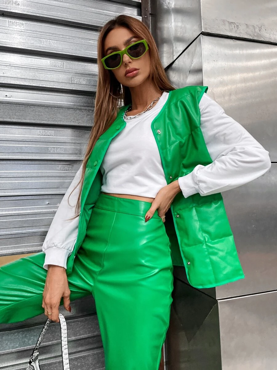 Quần áo mùa đông cho nữ Áo vest da PU màu trơn một hàng khuy có đệm lót Áo khoác có đệm lót - màu xanh lá - Xem 1