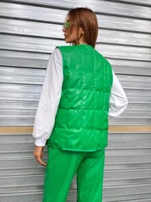 Quần áo mùa đông cho nữ Áo vest da PU màu trơn một hàng khuy có đệm lót Áo khoác có đệm lót - màu xanh lá - Xem 2