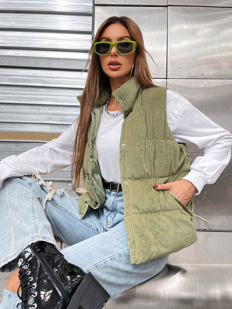 Women's Solid Color Single-Breasted Sleeveless Padded Vest Puffer Jacket For Winter Clothes - Green - View 1