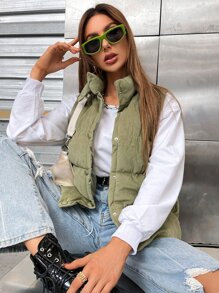 Women's Solid Color Single-Breasted Sleeveless Padded Vest Puffer Jacket For Winter Clothes - Green - View 3