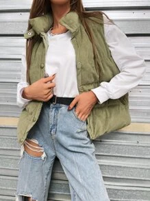 Women's Solid Color Single-Breasted Sleeveless Padded Vest Puffer Jacket For Winter Clothes - Green - View 4