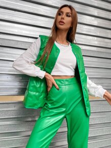 Quần áo mùa đông cho nữ Áo vest da PU màu trơn một hàng khuy có đệm lót Áo khoác có đệm lót - màu xanh lá - Xem 4