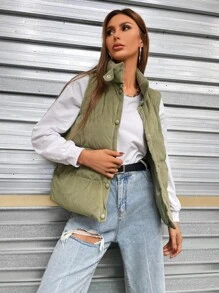 Women's Solid Color Single-Breasted Sleeveless Padded Vest Puffer Jacket For Winter Clothes - Green - View 5