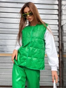 Quần áo mùa đông cho nữ Áo vest da PU màu trơn một hàng khuy có đệm lót Áo khoác có đệm lót - màu xanh lá - Xem 6