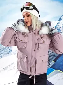 Casual Minimalist Fur-Collar Hooded Padded Coat, Winter - Dusty Pink - View 1